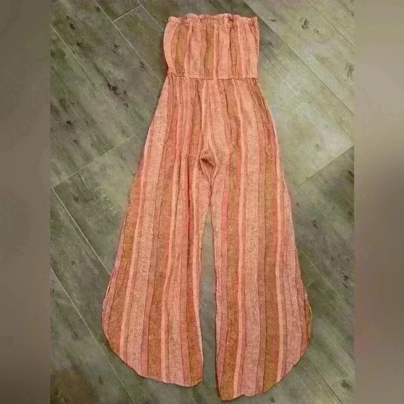 DREW Wide Split Leg Strapless Striped Linen Blend Romper - Picture 9 of 12